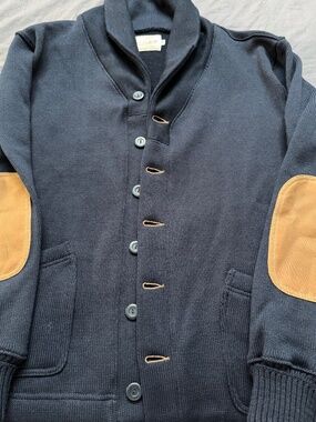 Dehen 1920 Sweater Mens XXL Navy Cardigan Shawl Heavyweight LeatherElbow Patches